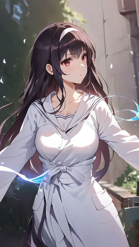 v-neck dress, anime girl，flowing magic robe, wearing long, flowing clothes, wearing a simple robe，black hair，individual