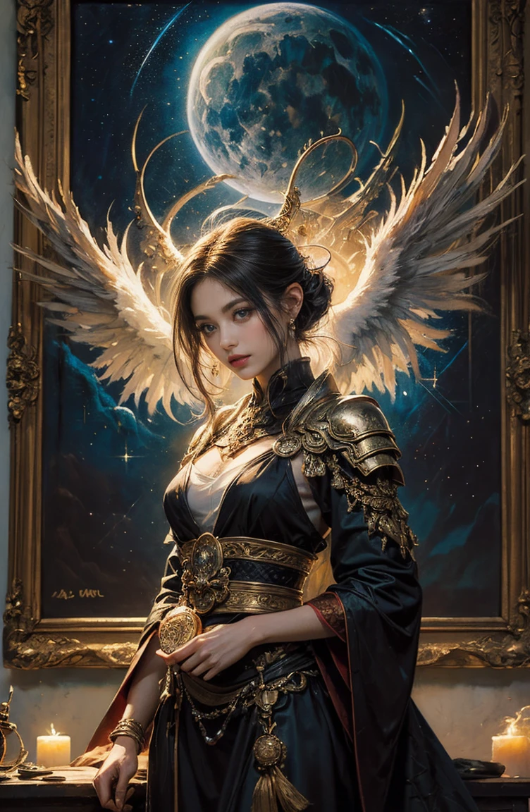 (Tabletop, Highest qualityの, (((((woman)))))、Highest quality, Official Art, (beautifully、beautiful:1.4), (Oil painting:1.4) ),（（male））  (lucifer), God of Japanese God Stories々々, fleeting beauty, A mysterious god illuminated by the starry sky, Winged Angel、god&#39;Grace, Calm and thoughtful expression, Flowing Heavenly Robe, Dazzling silver stars light up the night view, Dance of shadows and lights, Whispers of Ancient Legends、Very slender、