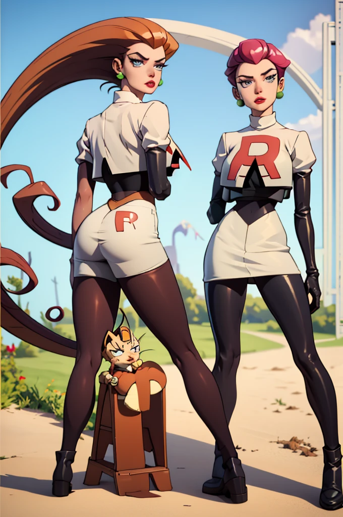 masterpiece, best quality), 1girl,   jessie, team rocket, brown pantyhose,  boots,  sun shiny day 