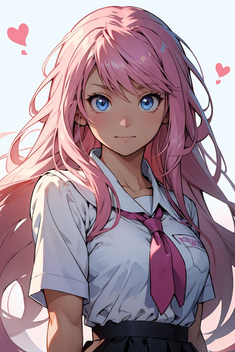 "Create an anime character with big eyes and pink hair, wearing a schoolgirl uniform. The character should have blue eyes and an excited expression, with small hearts floating around her head. She should be looking to the left, with her hands together in front of her chest, as if she is posing for a picture. The background should be a simple white background, with some pink bubbles floating around in the background."
