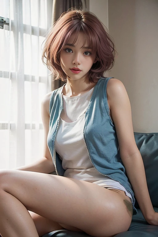 20yo woman， （masterpiece： 1.4）， （8k， reality， original photo， best quality： 1.4）， Japan， （1 girl）， beautiful face， （Real faces： 1.4）， （pink hair， short hair： 1.3）， hairstyle， Realistic blue eyes， beautiful details eyes， （reality skin： 1.3）， beautiful skin， Attractive， ultra high resolution， Super realistic， HD， golden ratio， （Detailed face： 1.4）， （Japanese actor： estuary）， Sheer vest，Pink short hair，WhiteTransparent，White，NSFW，big，big ass emphasized，The nipple areola is clearly shaped，looking into camera，Sitting on the sofa，pubic shape is transparent and clear，posture（Bend your knees and legs open）