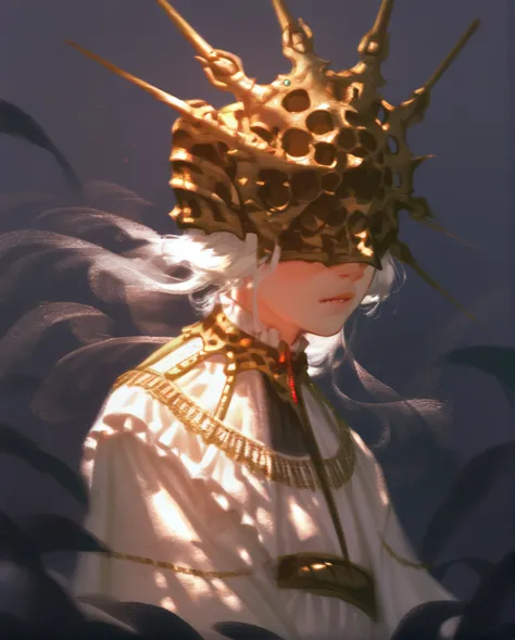 gwyndolin, flat chest, white hair, golden mask over eyes, flowing dress, masterwork