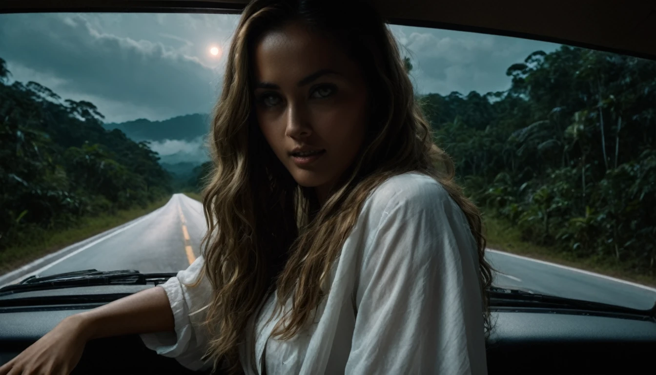 in the gloomy dark night of an old road in tropical forest of Malaysia. Camera shot from a car dashboard, (inside the car) Dramatic sky. moon light spill on the road. there is a beautiful woman standing tilted in the middle of the road. scary smiling to the camera. she is wearing white dirty cloths, she has very long hair, touched and swipe the ground ((30 feet hair long)) creepy situation. hyper realistic fantasy art. horor movie, extreme detail. natural light