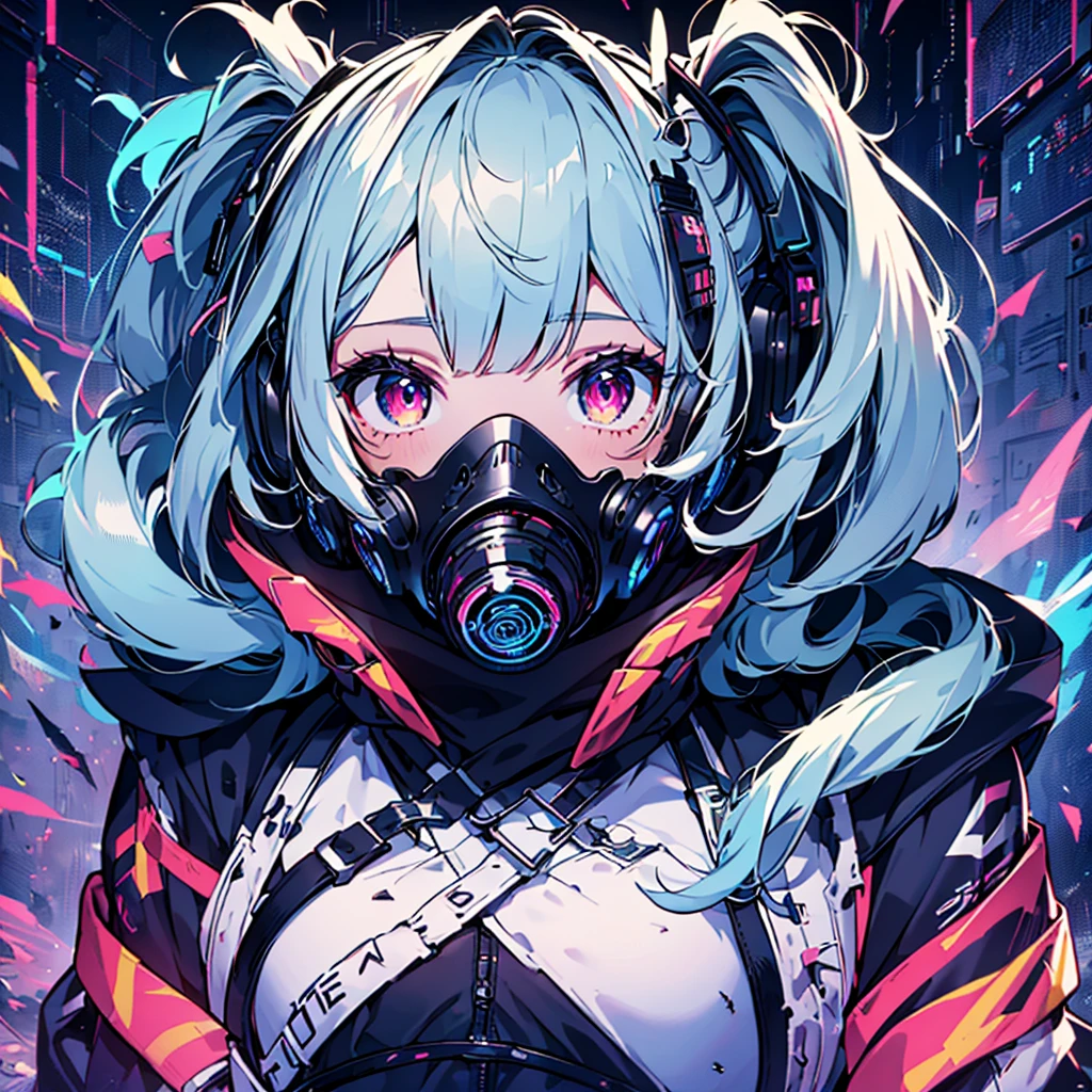 1girl,(((Highest quality、Masterpiece、Official Art、The best dynamic composition、Super detailed、Anime Style、cyber punk)))、profile、Face close-up、gas mask、Futuristic neon geometric background、