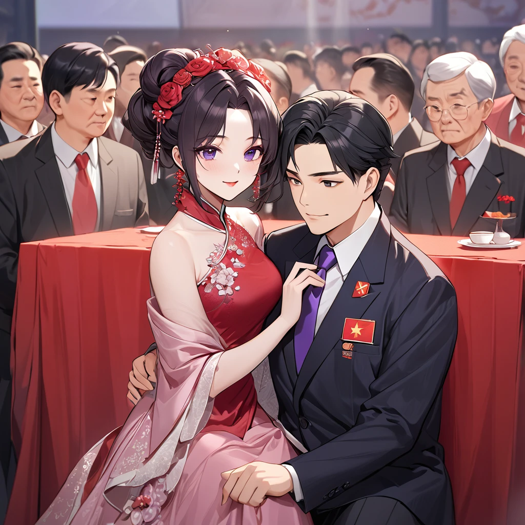 ((Highest quality)), ((masterpiece)), (detailed), （Perfect Face）、The woman is a Chinese woman named Kocho Shinobu.。, Purple gradient bob black hair and formal evening hairstyles. She is wearing an engagement ring. She is a prominent member of the Chinese Communist Party.、She is the wife of a great old Communist Party official.。.、A woman is wearing a gorgeous red wedding dress、She had a loving wedding with a dignified elderly Communist Party official.。