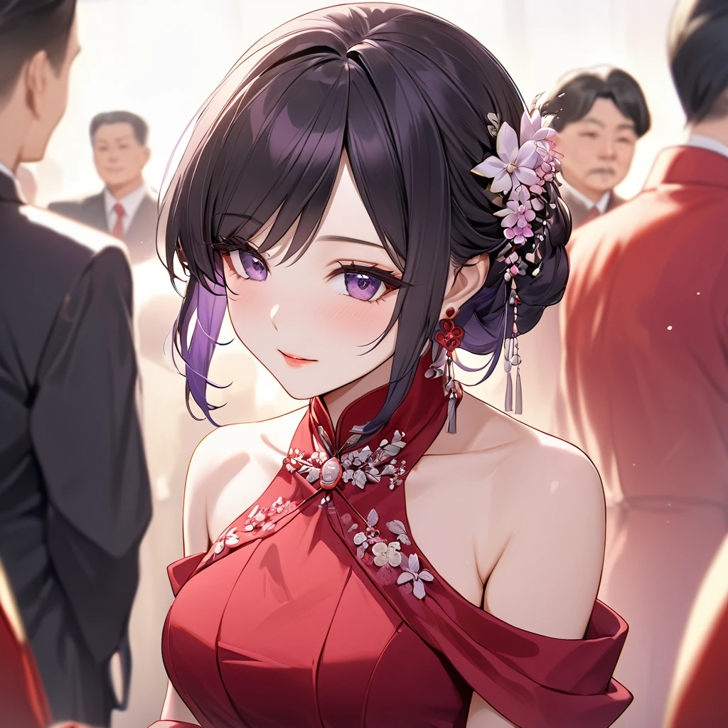 ((Highest quality)), ((masterpiece)), (detailed), （Perfect Face）、The woman is a Chinese woman named Kocho Shinobu.。, Purple gradient bob black hair and formal evening hairstyles. She is wearing an engagement ring. She is a prominent member of the Chinese Communist Party.、She is the wife of a great old Communist Party official.。.、A woman is wearing a gorgeous red wedding dress、She had a loving wedding with a dignified elderly Communist Party official.。