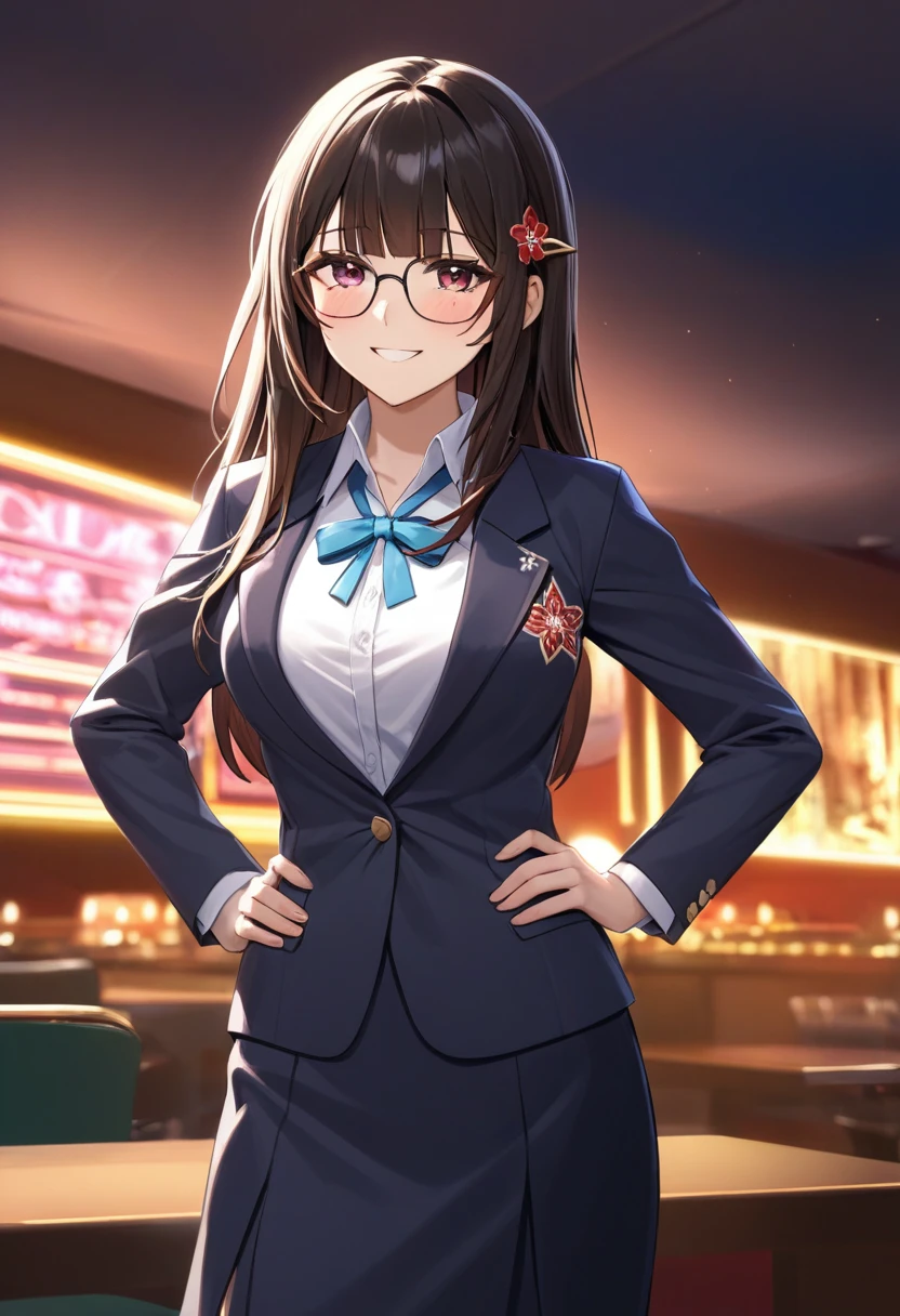 woman, sparkle_\(honkai:_star_rail\), 1girl, white_shirt, collared_shirt, black_jacket, open_jacket, blazer, school_uniform, neck_ribbon, blue_ribbon, glasses, hairclip, (standing:1.5), (wetting herself:1.5), best quality, ultra-detailed, HDR, studio lighting, professional, vivid colors, sharp focus, bokeh, landscape, casino, neon lights, soft lighting, dynamic shadows, (embarrassed:1.25), (humiliation:1.25), (blushing:1.25), (naughty face:1.25), (seductive expression:1.25), facing viewer, (hands on hips:1.5)