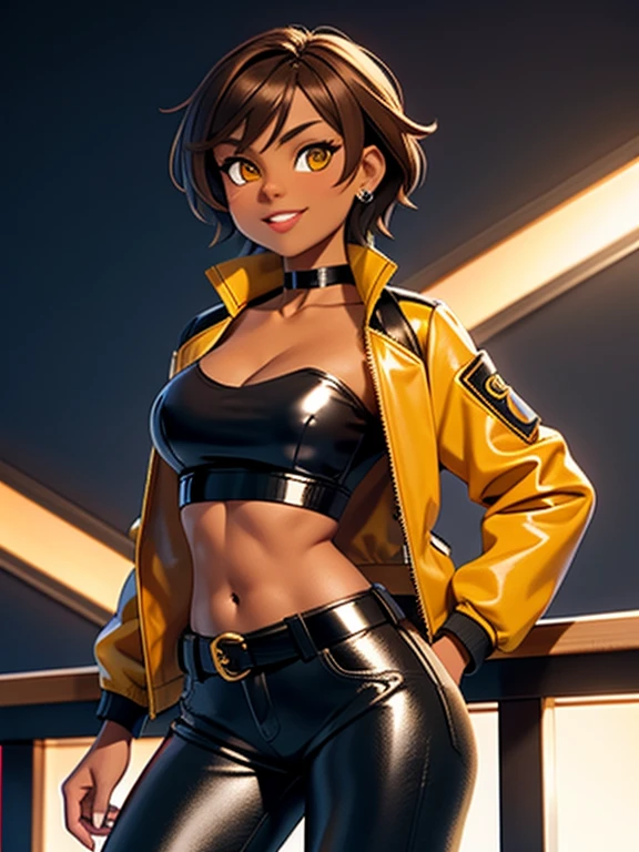 high quality, extremely detailed, perfect face, 1girl, solo, 26 years old, tomboy, (shiny skin), (midriff:1.3), (tan-bronze skin), (Yellow eyes), short brown hair, medium breasts, (Cleavage), (Wearing: blue jacket, choker, Strapless black top, Belt, Black shiny leather pants), tight fitting clothing, piercings, toned, hourglass figure, athletic, snarky expression, wide smile, at rave, nightclub,
