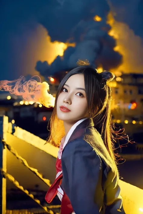 portrait photography of a high school girl in a lmai shiranui  uniform with bangs and long hair, looking at the camera, surround...