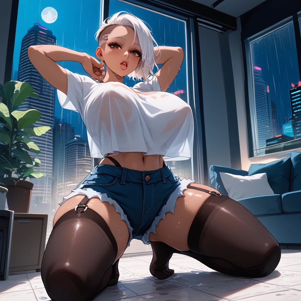 (safe for work) Detailed, 1 female, low angle, wide shot facing viewer, huge breasts, white hair, brown eyes, undercut hair, thick thighs, dark brown skin girl, puckered lips, full lips , black oversized t-shirt, high waisted, blue shorts, thigh highs, harness on leg, tiny hearts floating above head, wet tongue, flushed, kneeling, crossed, headed tilted backwards, hands grabbing boobs, intricate clothes lining,, night, raining, futuristic, york city, dystopian city, cozy apartment, living room, floor to ceiling window