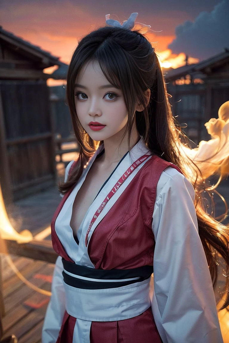 Portrait photography of a mai Shiranui  uniform with bangs and long hair, looking at the camera, surrounded by colorful smoke of fluorescent clouds in the style of soft lighting, dreamy atmosphere, pink tones, and a charming expression --ar 3:4 --stylize 750 --v 6.1