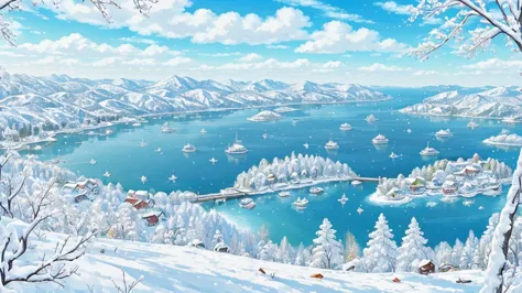 (8k, highest quality, masterpiece: 1.2),,very detailed, very beautiful、southern island in winter、congestion、a lot of people、anim...