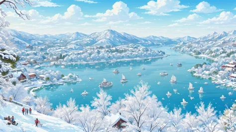 (8k, highest quality, masterpiece: 1.2),,very detailed, very beautiful、southern island in winter、congestion、a lot of people、anim...