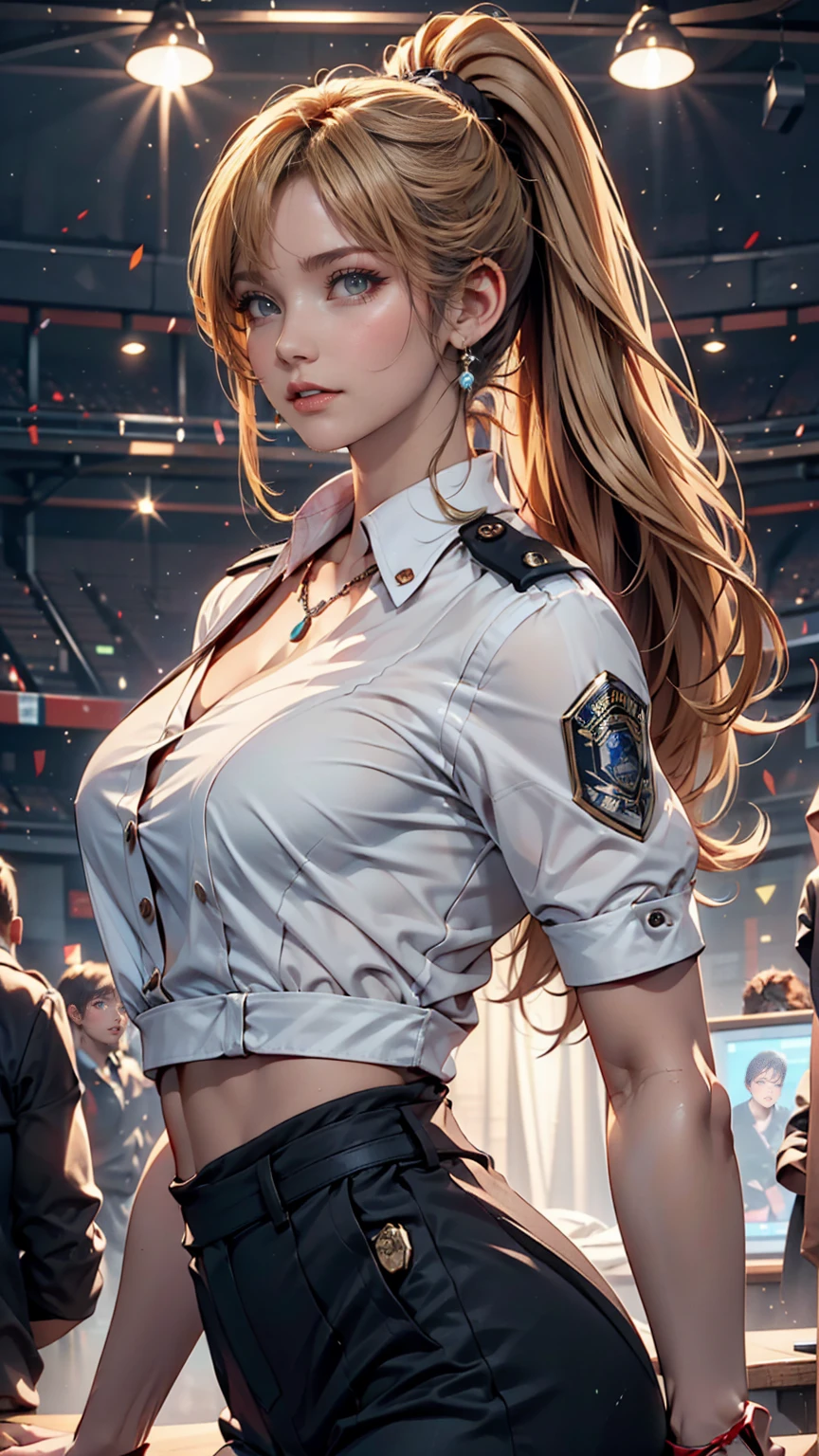 比類のないmasterpiece, Ultra-realistic 8K CG, Perfect artwork, ((The perfect woman)), Mature Woman, Narrow waist, Fascinating, clean, Beautiful Face, {Very delicate and beautiful girl} , 8k wallpaper, {{{masterpiece}} }, One girl, Blonde, blue eyes, ponytail, Police uniform, jewelry, lips, lipstick, Long Hair, Watch the audience, compensate, lips, red lips, Simple Background, alone