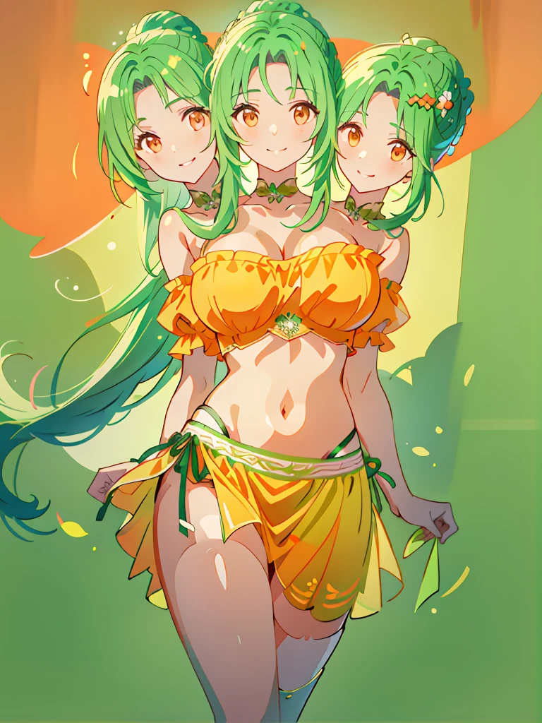 (masterpiece, best quality), best resolution, (3heads:1.5), 1girl, green hair, long flowing hair, smiling, grinning, open belly, white-orange crop top, orange-white miniskirt, open breasts, very huge breasts, curls, sexy pose, ponytail,
