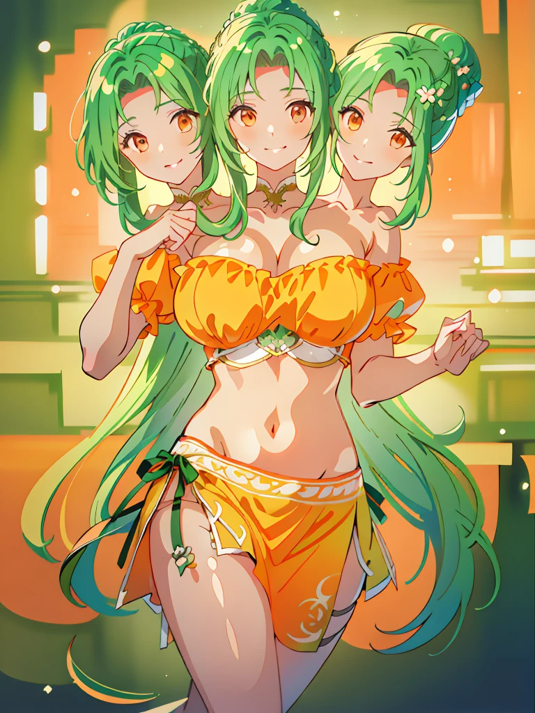 (masterpiece, best quality), best resolution, (3heads:1.5), 1girl, green hair, long flowing hair, smiling, grinning, open belly, white-orange crop top, orange-white miniskirt, open breasts, very huge breasts, curls, sexy pose, ponytail,
