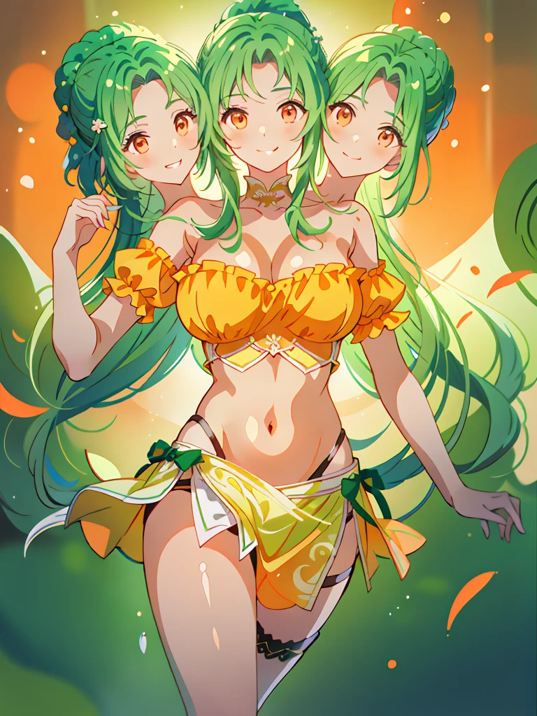 (masterpiece, best quality), best resolution, (3heads:1.5), 1girl, green hair, long flowing hair, smiling, grinning, open belly, white-orange crop top, orange-white miniskirt, open breasts, very huge breasts, curls, sexy pose, ponytail,
