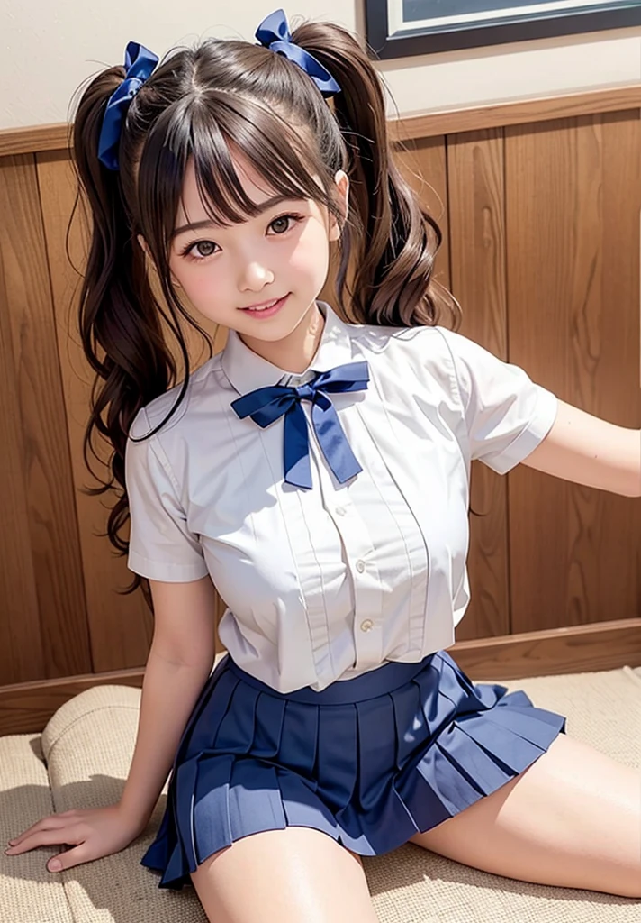 (Highest quality,masterpiece:1.3,Ultra-high resolution),(Very detailed、Caustics) (Realistic:1.4, RAW shooting、)Ultra-Realistic Capture、Very detailed、Natural skin texture、masterpiece、(A Japanese elementary school girl wearing a white shirt with a navy blue ribbon and a pleated skirt:1.3), Adorable expression、Expressions of happiness、10 years old、height: 145cm、Baby Face、Amazingly cute、Twin tails、Curly Hair、Scrunchie、Black Hair、light makeup、H-cup busty、Shining thighs、Bare arms、Background details、smile、An inviting gaze、Anatomically correct、Cowboy Shot、Attention to detail、Straddling the sheets in a private room at a sex shop、Open your legs wide from side to side、White panties are visible