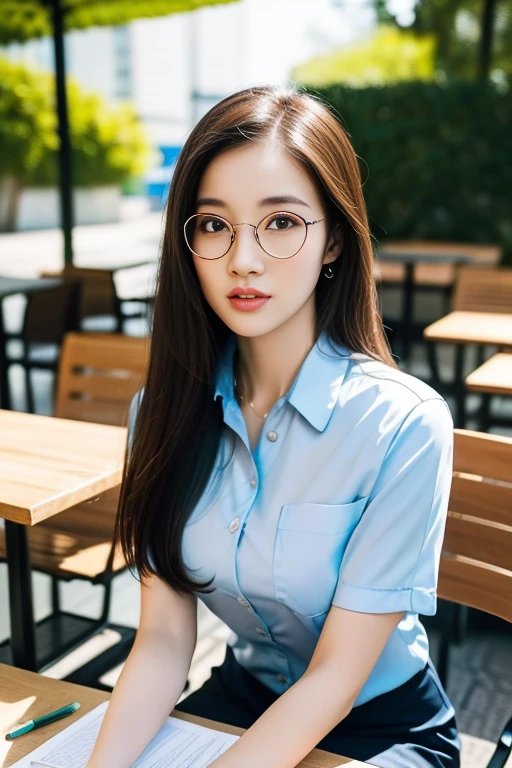 (A gorgeous Chinese lady, age 28, professional lecturer & A.I enthusiast, wearing formal office attire, blazers, short-sleeve white shirt with pockets & buttons, pencil mini-skirt, sitting on a chair, to write in her diary, in an outdoor cafe,

(fabulous, geeky, feminine, gentle,
friendly, goofy, fascinating, Graceful),

spectacles, #roundeyeware, #glasses, #eyeware, kind smile, dimpled cheeks, cute snaggle-tooth, ponytail, bob hair trimmed, short hair, symmetrical face, beautiful detailed face, bright_and_full_of_warmth_eyes, detailed eyes, ample round bosom, perfect body anatomy,

Award-winning, photorealistic, hyper-realism, high contrast, ultra HD, realistic skin textures, top image quality, top-quality, super high resolution, fine details, very meticulously, Vivid Colours, masterpiece, High angle shot, cowboy shot, positive affirmation, serene ambience, bokeh night background, SFW)