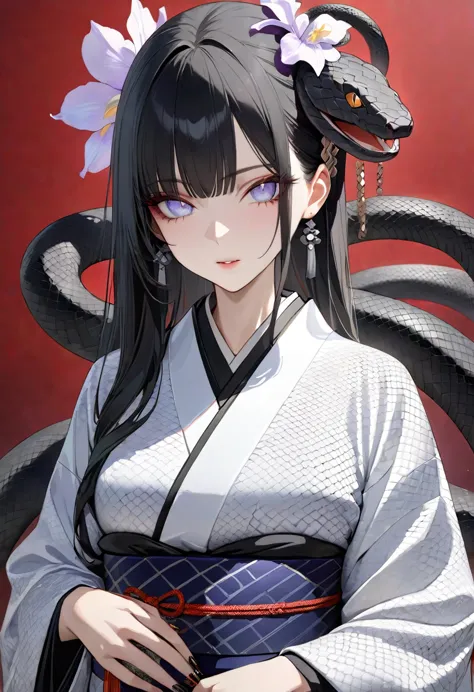 girl,,black hair、iris,kimono,beautiful face,snake woman、poker face、black snake pattern、turn around、the snake coils、蛇の鱗模様のkimono、...