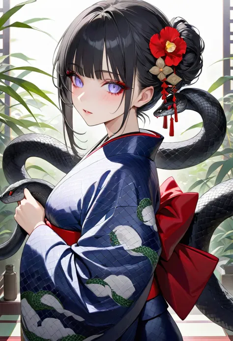 girl,,black hair、iris,kimono,beautiful face,snake woman、poker face、black snake pattern、turn around、the snake coils、蛇の鱗模様のkimono、...