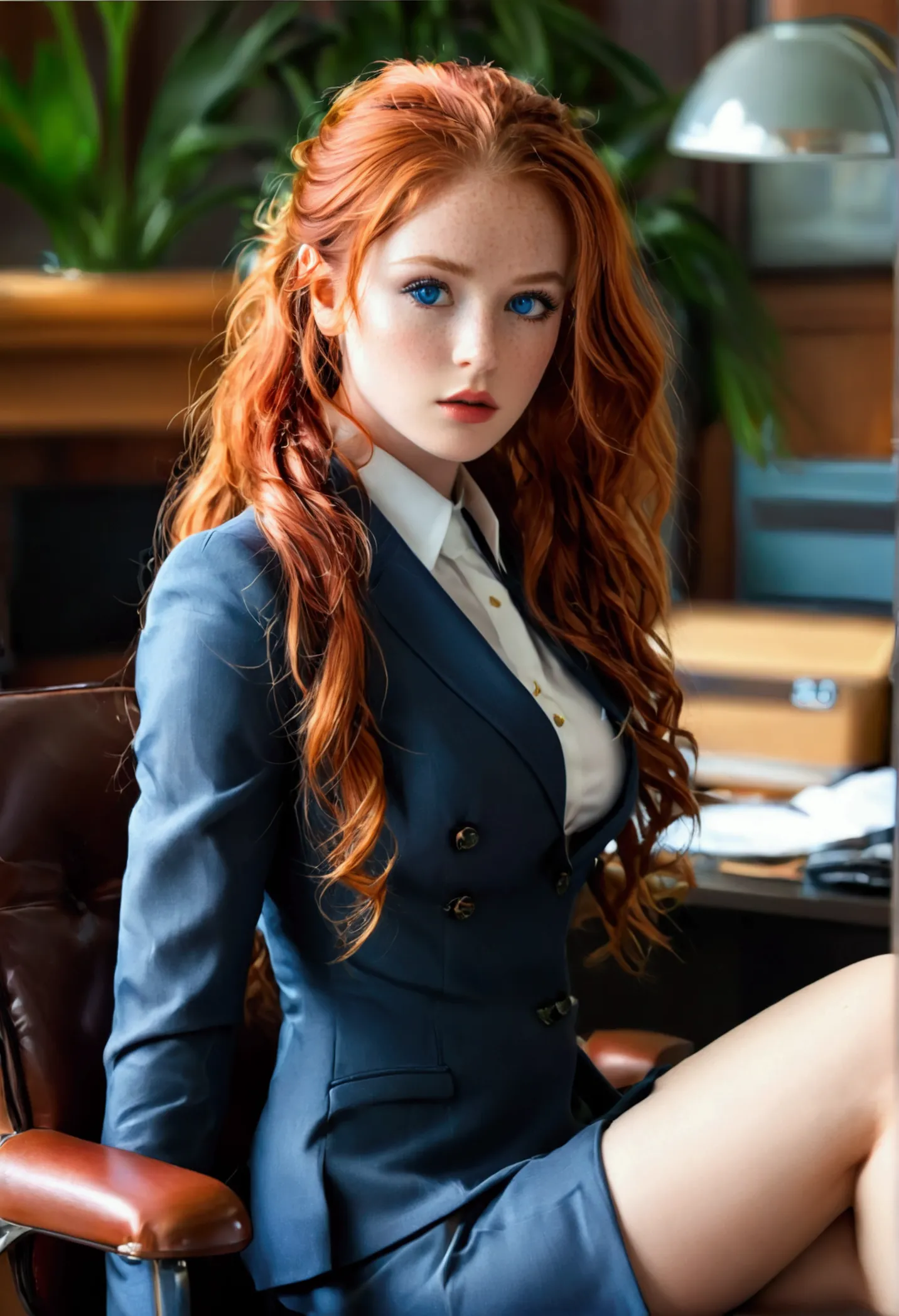 ultra realistic, fot, long wavy red hair, blue eyes like the sky, pale white skin adorned with freckles, Kizi, 24 years old, hou...