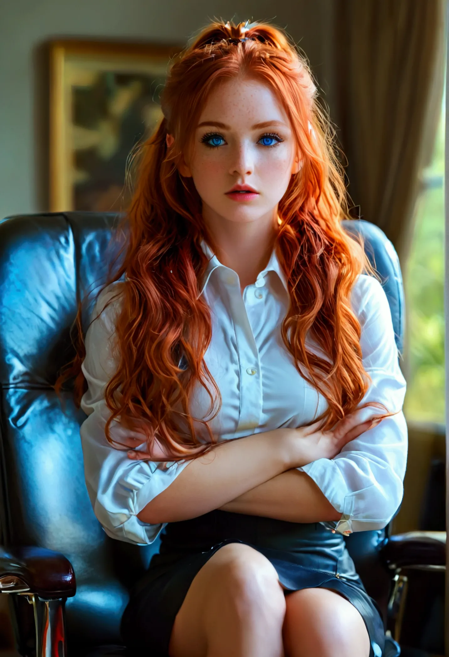 ultra realistic, fot, long wavy red hair, blue eyes like the sky, pale white skin adorned with freckles, Kizi, 24 years old, hou...