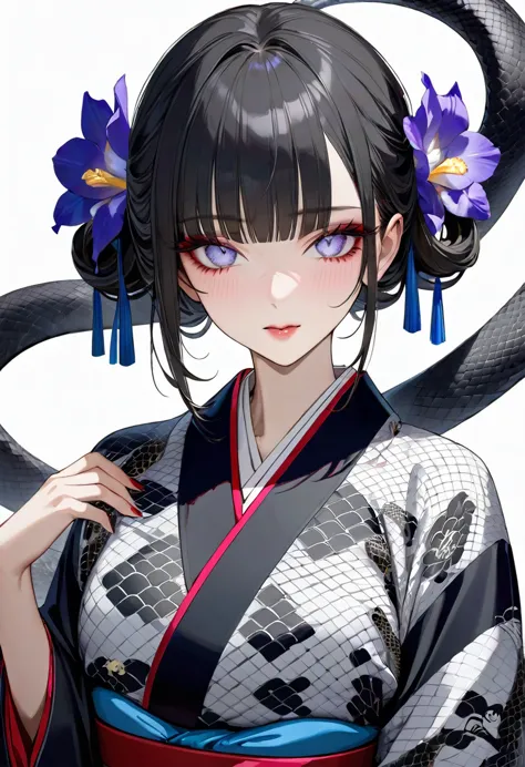 girl,,black hair、iris,kimono,beautiful face,snake woman、poker face、black snake pattern、turn around、the snake coils、蛇の鱗模様のkimono、...