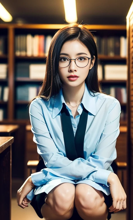 (Une magnifique dame chinoise, 28 ans, prdeessional lecturer, wearing formal defice attire, blazers, cravate bleu ciel, chemise blanche à manches longues avec boutons, mini-jupe crayon, accroupi dans une bibliothèque,

(fabuleux, geek, féminin, doux,
amical, godey, fascinant, gracieux),

lunettes, #roundlunettes, #Lunettes, #lunettes, gentil sourire, joues fossettes, jolie dent de croc, queue de cheval, cheveux coupés au carré, Cheveux courts, visage symétrique, beau visage détaillé, brillant_Et_complet_de_Chaleur_yeux, detailed yeux, poitrine ronde généreuse, Anatomie corporelle parfaite,

primé, Photoréaliste, Hyper-réalisme, Contraste élevé, Ultra HD, textures de peau réalistes, Qualité d&#39;image supérieure, qualité supérieure, super haute résolution, Détails fins, Très méticuleusement, couleurs vives, chef-d&#39;œuvre, prise de vue en grand angle, tir de cow-boy, affirmation positive, ambiance sereine, fond de nuit bokeh, SFW)