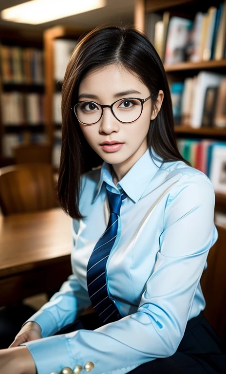 (A gorgeous Chinese lady, age 28, professional lecturer, wearing formal office attire, blazers, sky-blue tie, long-sleeve white shirt with buttons, pencil mini-skirt, squatting in a library,

(fabulous, geeky, feminine, gentle,
friendly, goofy, fascinating, Graceful),

spectacles, #roundeyeware, #glasses, #eyeware, kind smile, dimpled cheeks, cute snaggle-tooth, ponytail, bob hair trimmed, short hair, symmetrical face, beautiful detailed face, bright_and_full_of_warmth_eyes, detailed eyes, ample round bosom, perfect body anatomy,

Award-winning, photorealistic, hyper-realism, high contrast, ultra HD, realistic skin textures, top image quality, top-quality, super high resolution, fine details, very meticulously, Vivid Colours, masterpiece, High angle shot, cowboy shot, positive affirmation, serene ambience, bokeh night background, SFW)