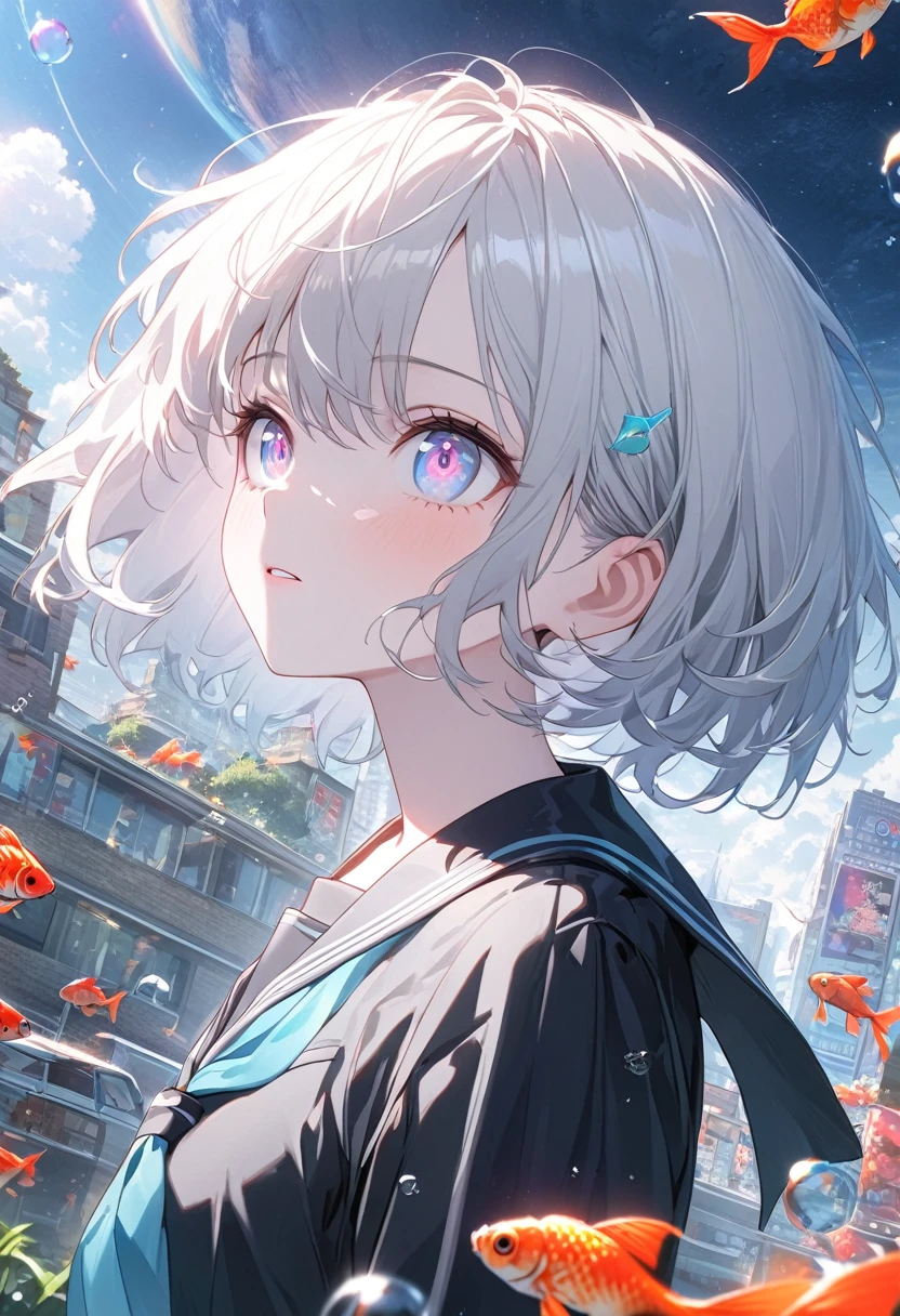 (woman\(student, 15 years old, ＪＫ, short hair, Silver Hair, Floating Hair, Space-colored eyes, Black sailor suit\(Of high school\), Pale skin, Tired face, No shine in the eyes\) Looking up at the sky), (Many goldfish are swimming in the air), Beautiful sky, Beautiful Clouds, Colorful summer flowers are blooming everywhere., (Transparent bubbles shine like prisms here and there in the sky), The midday moon and the midday star shine in the sky, woman is at messy downtown, break ,quality\(8k,非常に精細なCGユニットのwallpaper, masterpiece,High resolution,top-quality,top-quality real texture skin,Surreal,Increase the resolution,RAW Photos,最高quality,Very detailed,wallpaper,Cinema Lighting,Ray-tracing,Golden Ratio\),(Long Shot),Wide Shot,