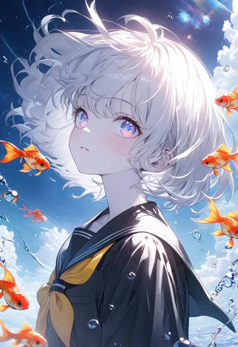 (woman\(student, 15 years old, ｊｋ, short hair, silver hair, floating hair, space-colored eyes, black sailor suit\(of high school...