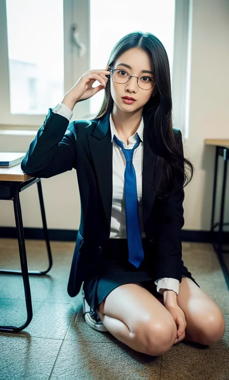 (A gorgeous Chinese lady, age 28, professional lecturer, wearing formal office attire, blazers, sky-blue tie, long-sleeve white ...