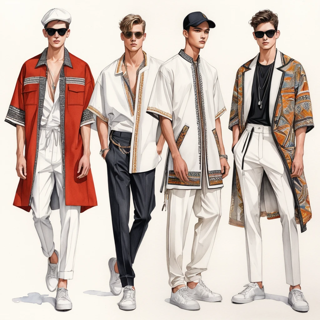 candid fashion illustration of young 3man , aged 23 year old, tall and slender, male super model, ((showcase fashion in a Trible cotton outfits)), clothes inspired by Balenciga collection 2020 in elegant modern style with ((ethnic woven details)). The 1st man wears an oversized shirt with Trible embroidery jacket, lace details, paired with slim-fit Pants, semi hard bugle, The 2nd man complements him in a white lace embroidery details shirt, paired with relaxed-fit white Drawstring Pants, 3ed man wears an oversized short-sleeved white shirt, lace details, paired with relaxed-fit white Pants side entry pockets, all completes the look with white sneakers, sunglasses, hat, includes an basic accessorizes. Captured in a ((full-body pose)), ((simple water-color on white paper background)), realistic pencil lines, imperfect drawing, charcoal lines detail, fading sketch, fashion Sketching, low angle view, 