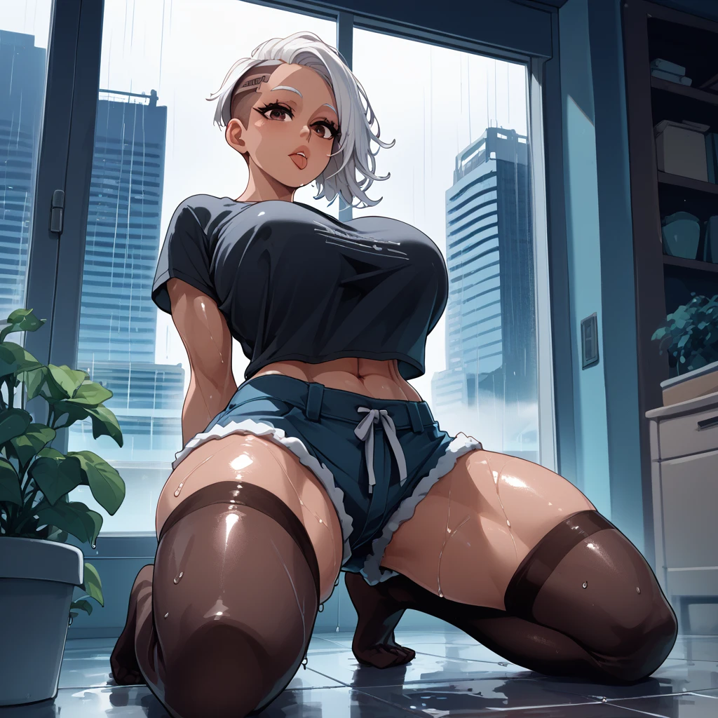 safe for work) Detailed, 1 female, low angle, wide shot , front facing, huge breasts, white hair, brown eyes, undercut hair, thick thighs, muscular quads, dark brown skin girl, puckered lips, full lips , black oversized t-shirt, high waisted, blue shorts, black thigh highs, muscular thighs, harness on leg, tiny hearts floating above head, wet tongue, flushed, kneeling, crossed, headed tilted backwards, hands behind back, intricate clothes lining,, night, raining, futuristic, new york city, dystopian city, cozy apartment, living room, floor to ceiling window