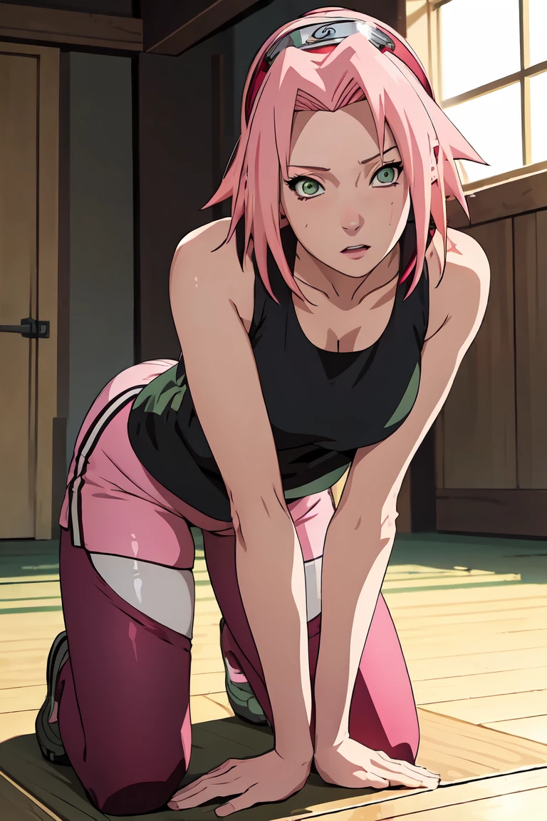 masterpiece,stunning realistic,best quality,sharpness,1 girl,sakura haruno,green eyes,pink hair,middle large ,sexy body,all fours,wodden floor,red in the face,half body,tanktop,leggins shorts