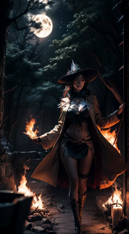 (8K, Best Quality, masutepiece:1.2), (SFW:1.3), (Realistic, Photorealsitic:1.37) Ethereal beauty with a shining spell in her hands ,Beautiful Japan witch, Full body, Seductive body, Mini skirt, Floating coat,beautiful sorceress,High contrast, Fantasy Art Style, deviantart artstation cgscosiety, The tree々Dark forest with, Fire magic, Flames Around Her, dark sky, Full moon and stars,