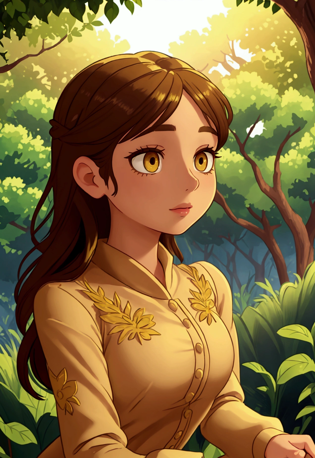 a perfect girl in a garden, beautiful detailed eyes, beautiful detailed lips, extremely detailed eyes and face, long eyelashes, elegant pose, serene expression, ornate dress, lush foliage, sunlight filtering through trees, golden hour lighting, vibrant colors, intricate details, highly detailed, photorealistic, 8k, masterpiece