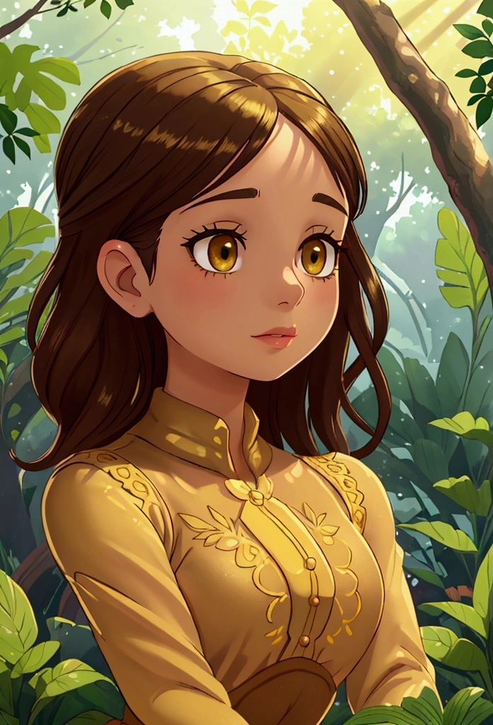 a perfect girl in a garden, beautiful detailed eyes, beautiful detailed lips, extremely detailed eyes and face, long eyelashes, elegant pose, serene expression, ornate dress, lush foliage, sunlight filtering through trees, golden hour lighting, vibrant colors, intricate details, highly detailed, photorealistic, 8k, masterpiece