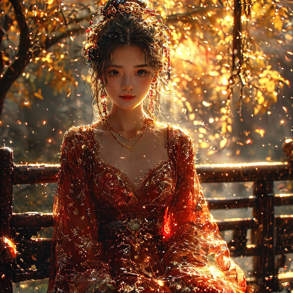 AncheRedskirtgirl,1 girl,alone,skirt,looking at the audience,jewelry,hair accessories,sitting,Vague,Backlight,actual,tree,best quality,masterpiece,The original,best quality,Very detailed,