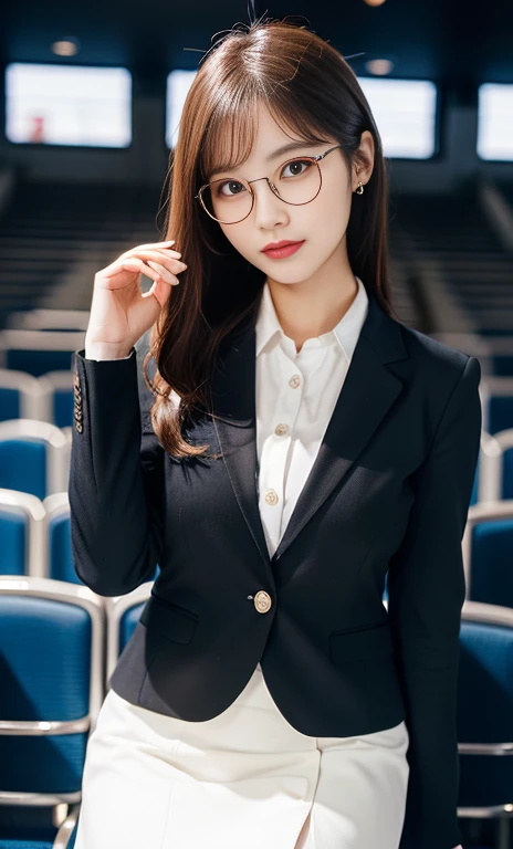 (A gorgeous Chinese lady, age 28, professional lecturer, wearing formal office attire, blazers, sky-blue tie, long-sleeve white shirt with buttons, pencil mini-skirt, ITZY sneakers, power pose in an empty lecture hall, 

(fabulous, geeky, feminine, gentle,
friendly, goofy, fascinating, Graceful),

spectacles, #roundeyeware, #glasses, #eyeware, kind smile, dimpled cheeks, cute snaggle-tooth, short ponytail, short bob hair trimmed, short hair, symmetrical face, beautiful detailed face, bright_and_full_of_warmth_eyes, detailed eyes, ample round bosom, perfect body anatomy,

Award-winning, photorealistic, hyper-realism, high contrast, ultra HD, realistic skin textures, top image quality, top-quality, super high resolution, fine details, very meticulously, Vivid Colours, masterpiece, High angle shot, full body shot, cowboy shot, positive affirmation, serene ambience, bokeh night background, SFW)