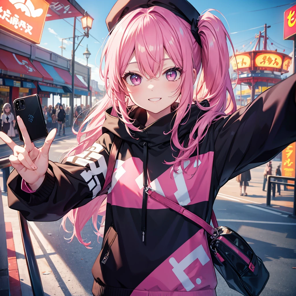 One woman,Best Influencers((Taking a selfie,Wearing a black cap)) background(amusement park,Ferris wheel) Super smile,Smiling with teeth showing,V sign pink hair,Side ponytail Pink eyes,Shiny hoodie,Pink accent anime style,Japan Shining Eyes,A masterpiece Shining edges