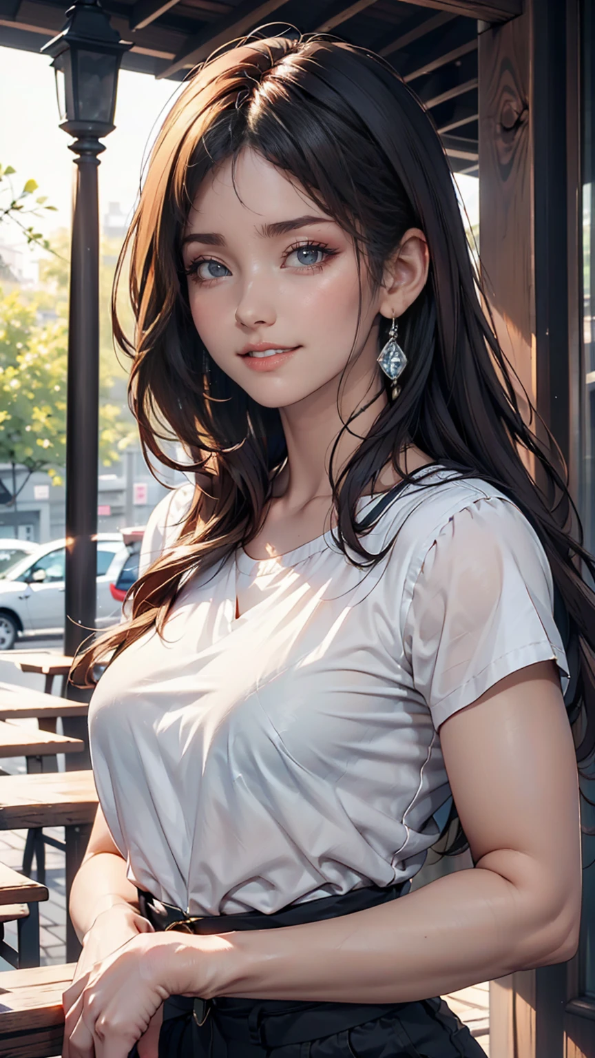 最high quality, 8k, masterpiece: 1.3, Ultra HD, high quality, 最high quality, High resolution, realism)) 、25-year-old Caucasian female、blue eyes、Long Hair、smile、thin、thinだがアスリートのような細マッチョ、I&#39;I don&#39;t want my head to disappear from the screen..、Wear accessories on your wrist、Wearing red nail polish、Having a pedicure、Near and far in the air((Atmospheric perspective))、smile((smiley))、Background Blur((Depth of written boundary)、Wear a high-necked top with a zipper、Sleeveless、My abs are ripped、I can see my belly button、Wear low rise skinny jeans、Wear stiletto heels、Hold a handbag in one hand&#39;shoulder、Crystal Earrings((Crystal Earrings))、Long Hair ((Long Hair))、Dark Blonde、Bang bang as we part((Parted bangs))