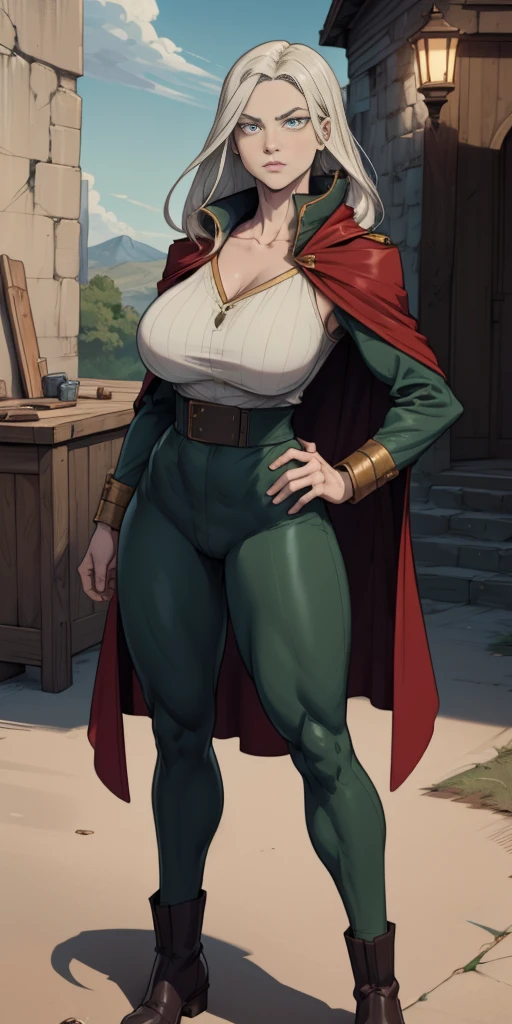 A woman with long platinum bob hair, arched crescent eyebrows, sharp and determined eyes, a delicate oval face, a serious expression, a fantasy-style dark green military coat, draped with a dark red waist-length cloak, military trousers, leather combat boots, silver greaves leggings, one hand on her hip, standing in a spacious training ground, this character embodies a finely crafted fantasy-style female military officer in anime style, exquisite and mature manga art style, pale skin, high definition, best quality, highres, ultra-detailed, ultra-fine painting, extremely delicate, professional, perfect body proportions, golden ratio, anatomically correct, symmetrical face, extremely detailed eyes and face, high quality eyes, creativity, RAW photo, UHD, 32k, Natural light, cinematic lighting, masterpiece-anatomy-perfect, masterpiece:1.5