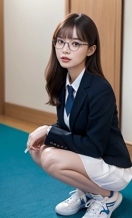 (A gorgeous Chinese lady, age 28, professional high-school lecturer & basketball coach, wearing formal office attire, blazers, sky-blue tie, long-sleeve white shirt with buttons, pencil mini-skirt, ITZY sneakers, squatting in a indoor court,

(fabulous, geeky, feminine, gentle,
friendly, goofy, fascinating, Graceful),

spectacles, #roundeyeware, #glasses, #eyeware, kind smile, dimpled cheeks, cute snaggle-tooth, short ponytail, short bob hair trimmed, short hair, symmetrical face, beautiful detailed face, bright_and_full_of_warmth_eyes, detailed eyes, ample round bosom, perfect body anatomy,

Award-winning, photorealistic, hyper-realism, high contrast, ultra HD, realistic skin textures, top image quality, top-quality, super high resolution, fine details, very meticulously, Vivid Colours, masterpiece, High angle shot, full body shot, cowboy shot, positive affirmation, serene ambience, bokeh night background, SFW)