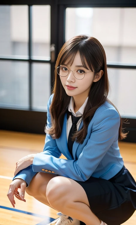 (A gorgeous Chinese lady, age 28, professional high-school lecturer & basketball coach, wearing formal office attire, blazers, sky-blue tie, long-sleeve white shirt with buttons, pencil mini-skirt, ITZY sneakers, squatting in a indoor court,

(fabulous, geeky, feminine, gentle,
friendly, goofy, fascinating, Graceful),

spectacles, #roundeyeware, #glasses, #eyeware, kind smile, dimpled cheeks, cute snaggle-tooth, short ponytail, short bob hair trimmed, short hair, symmetrical face, beautiful detailed face, bright_and_full_of_warmth_eyes, detailed eyes, ample round bosom, perfect body anatomy,

Award-winning, photorealistic, hyper-realism, high contrast, ultra HD, realistic skin textures, top image quality, top-quality, super high resolution, fine details, very meticulously, Vivid Colours, masterpiece, High angle shot, full body shot, cowboy shot, positive affirmation, serene ambience, bokeh night background, SFW)