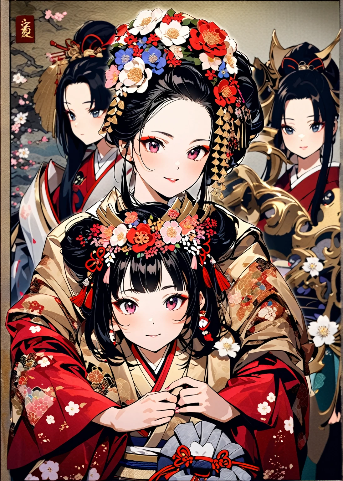 A 12-year-old princess wearing a red kimono and a flower crown, Traditional Japanese, traditional geisha clothing, Japanese women, Wearing Imperial Kimono, japanese geisha, geisha photo portrait, female geisha girl, elegant Japanese women, Japanese Kimono, In kimono, Traditional beauty, Wearing kimono and armor, portrait of geisha, wearing a haori, geisha　She gets an old man&#39;s dick shoved in her pussy