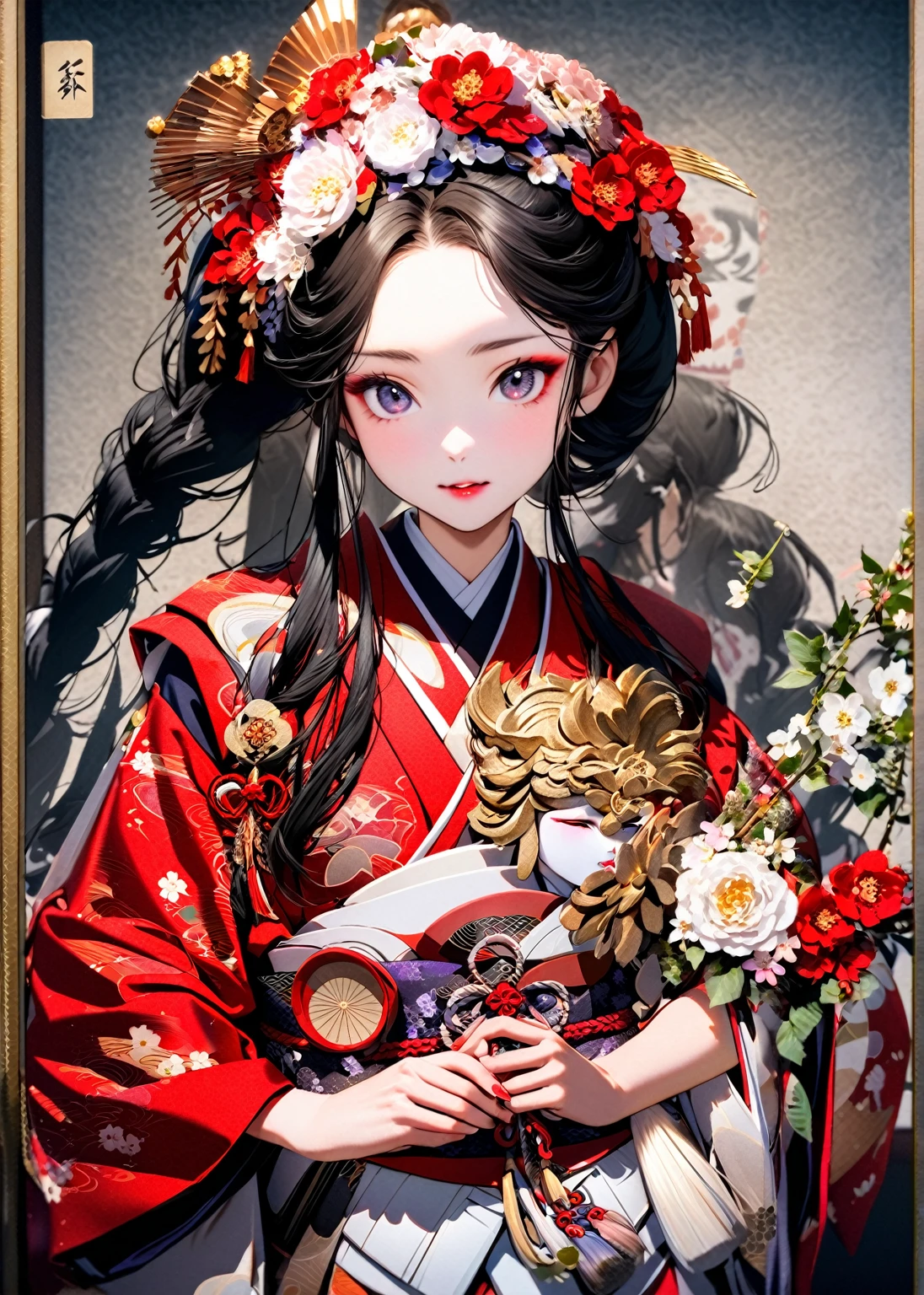 A 12-year-old princess wearing a red kimono and a flower crown, Traditional Japanese, traditional geisha clothing, Japanese women, Wearing Imperial Kimono, japanese geisha, geisha photo portrait, female geisha girl, elegant Japanese women, Japanese Kimono, In kimono, Traditional beauty, Wearing kimono and armor, portrait of geisha, wearing a haori, geisha　She gets an old man&#39;s dick shoved in her pussy