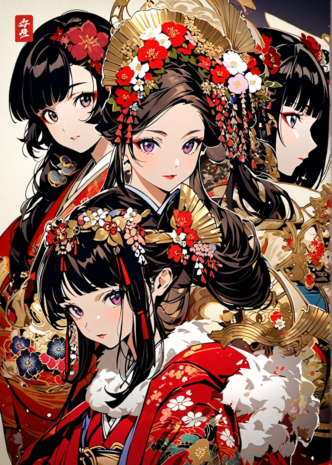 A 12-year-old princess wearing a red kimono and a flower crown, Traditional Japanese, traditional geisha clothing, Japanese women, Wearing Imperial Kimono, japanese geisha, geisha photo portrait, female geisha girl, elegant Japanese women, Japanese Kimono, In kimono, Traditional beauty, Wearing kimono and armor, portrait of geisha, wearing a haori, geisha　She gets an old man&#39;s dick shoved in her pussy