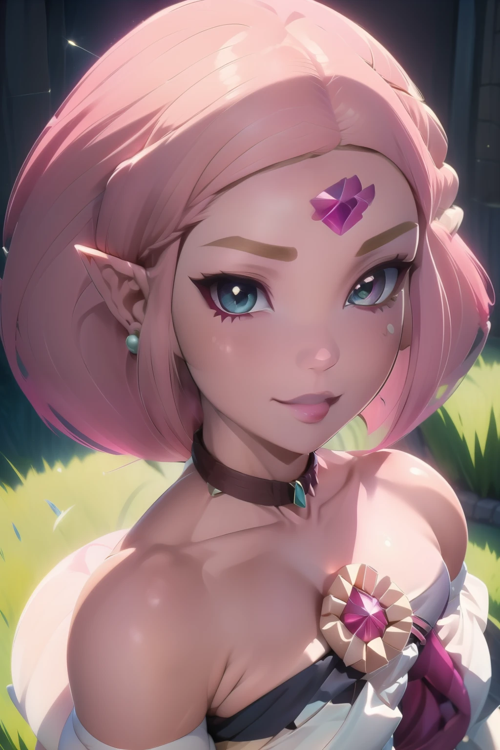 pnkdamond, pink hair, pink eyes,  long hair,  stomach gem,  pink skin,  toned, 
puffy short sleeves, elbow gloves ,  white thighs,   Puffy dress, 
standing, Upper part of the body, 
 outer space,  
(incredibly detailed, beautiful detailed face,Beautiful detailed eyes, Masterpiece, Best Quality) cinematic lighting,  SMILE, 
 